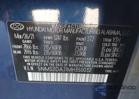 2021 Hyundai Santa Fe Sel z USA, uszkodzony, nr VIN 5NMS3DAJ1MH350032